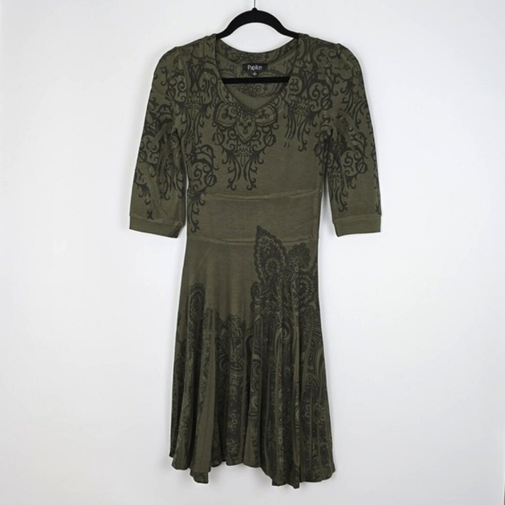 Papillon Women's Fit & Flare Dress Fatigue Green Paisley Knit Crew Neck S